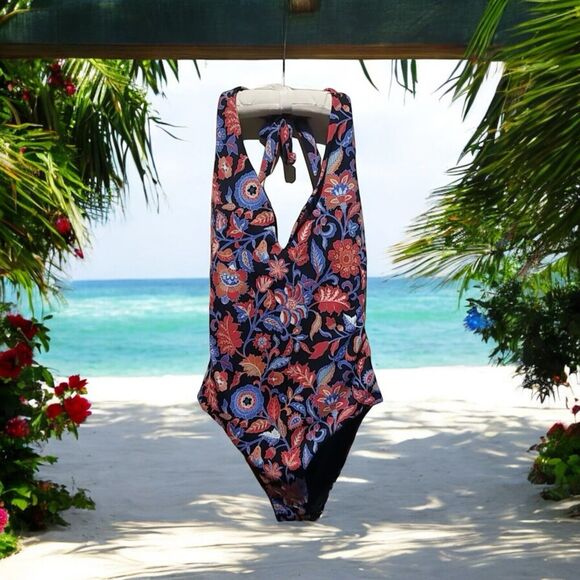 LOFT Other - Loft Beach sz 2 Tie Neck Halter Lightly Padded Blue Red Floral 1 Piece‎ Swimsuit